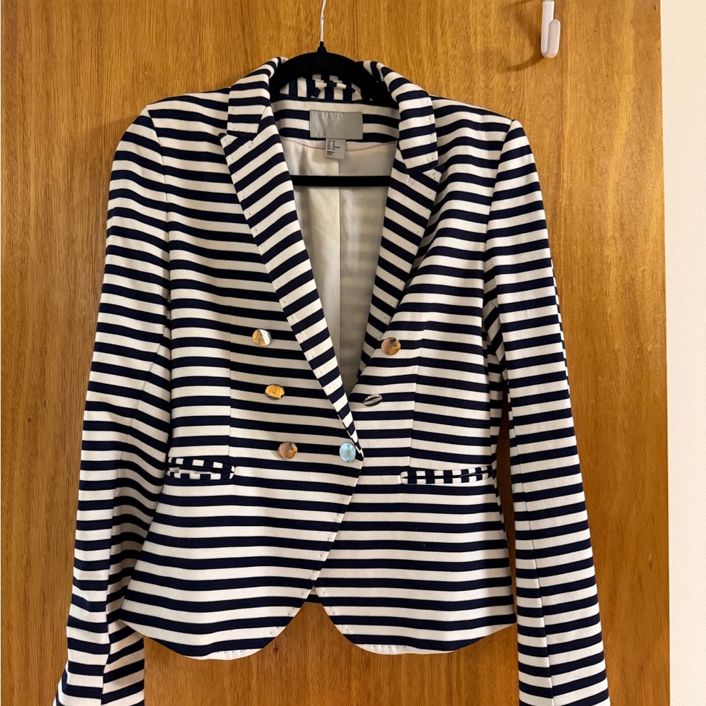 Striped Navy and White Women's Blazer with Silver Buttons